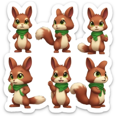 Cute, Chibi, chubby, fluffy, Kemono-style, Anthro, Fur-Sona, Dark-Red, Squirrel-Rabbit-hybrid-Fakémon, with a green bandana, full body sticker