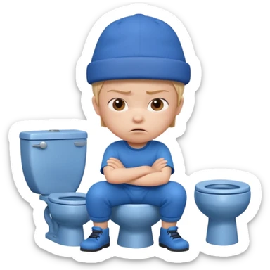 3D cartoon child character in blue outfit and blue hat, sitting on a toilet, looking angry with crossed arms, pastel background, preschool animation style." sticker