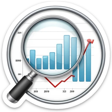 magnifying glass examining a downward trending chart, decreasing graph sticker