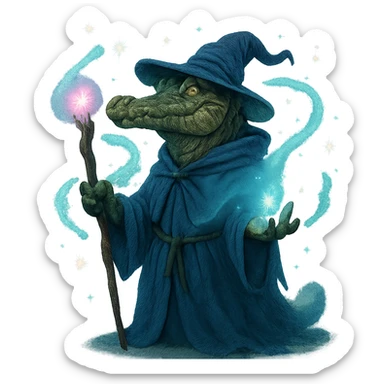 alligator wizard, mystical aura, stars and sparkles, fantasy sticker