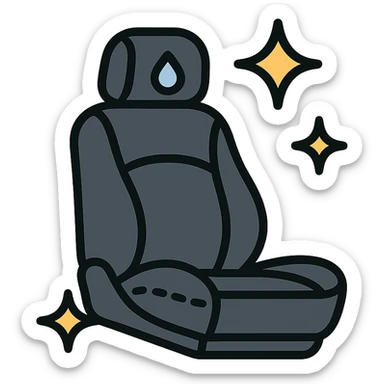 luxury car seat icon in matte black with a small droplet or shield on the headrest, elegant stitching, minimalist lines, extra shine and sparkling effects, modern and clean style, no text sticker