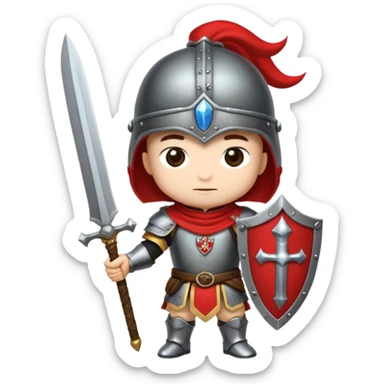 Um guerreiro estilo chibi/cartoon, vestindo armadura prateada brilhante, com capacete medieval e um penacho vermelho no topo. O personagem faz uma cara sério, chocado " :| ". O fundo é preto, destacando bem o personagem. sticker