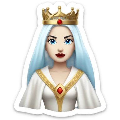 Queen with pale white skin, evil stare, icy blue eyes, bright red lips, long black hair, gold crown, and white robes. sticker