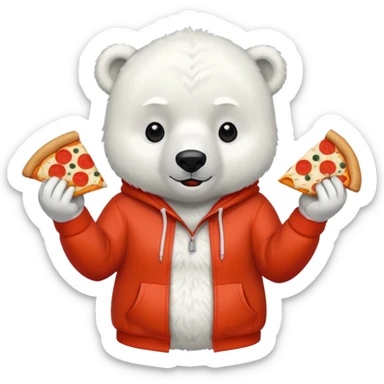 polar bear with pizza wearing red orange hoodie sticker