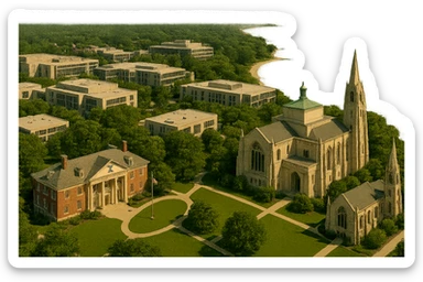 Add the Sigma Chi International Fraternity Headquarters and the Levere Memorial Chapel (Sigma Alpha Epsilon HQ) as visible, recognizable landmarks to this Evanston cityscape. Keep the Northwestern University campus and Lake Michigan shoreline clearly visible and intact. Do not include downtown Evanston. All four features must be present and recognizable. Render in a cinematic, realistic style with a transparent background. sticker