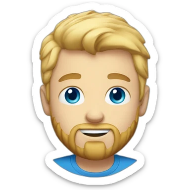 Boy with blue eyes and blonde hair and blue tshirt and beard sticker