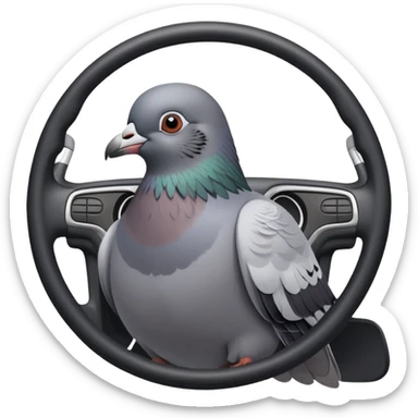 pigeon parking a car, bird using steering wheel and parking sticker