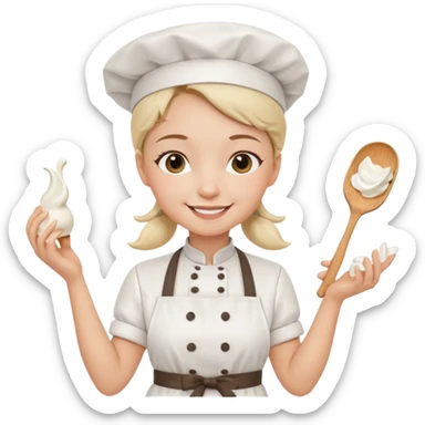 Young female baker - white chef hat, holding cream piping bags in both hands sticker