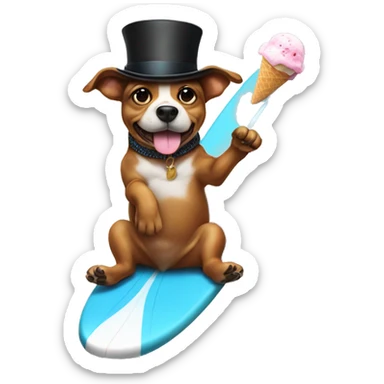 Dog on a surfboard wearing a top hat eating ice cream sticker