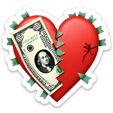 red broken heart glued together by dollars sticker