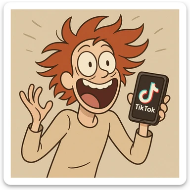 redhead person with wild excited expression, eyes wide, hair flying, holding a phone with TikTok logo, looking overwhelmed and energetic, cartoon style sticker