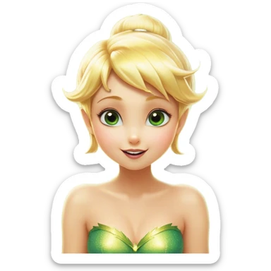 Cinematic Realistic Blonde Tinker Bell Fairy Portrait, head tilted dramatically with an exaggeratedly amused expression, featuring a striking, lively pixie form with radiant golden blonde hair and luminous, iridescent wings dusted with playful sparkles. Her expressive eyes brim with cheeky mischief, rendered with vibrant, lifelike textures and dynamic natural lighting that imbues the scene with an air of magical whimsy and over‐the‐top fairy fun. sticker