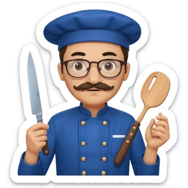 italian chef, blue uniform, with mustace, wearing glasses, holding knife sticker