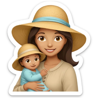 A mom in a sunhat holding her baby gently while smiling softly. sticker