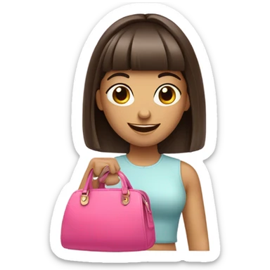 Happy brunette girl with bangs holding pink purse sticker