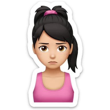 A tan girl with black hair in a ponytail. Wearing a pink tank top. Looking sad sticker