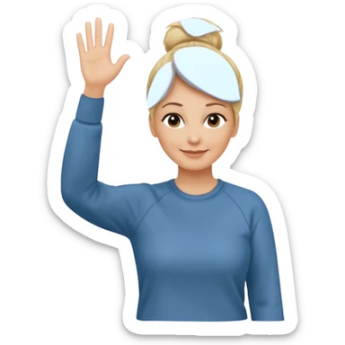50 year old blonde woman with bun in casual clothes and sweat shirt waving sticker