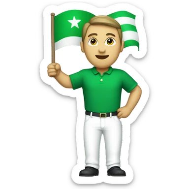 a man with  full body wearing a green shirt, white pants, holding a green flag with a white cresent moon in it, and a white star in the cresent moon. sticker