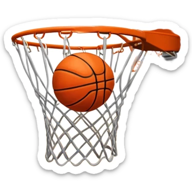 A close-up of a basketball swishing through the hoop, with the net slightly bouncing. The background features a blurred basketball court, capturing the excitement and precision of scoring in the game. sticker