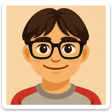 Dark-haired guy with hair to his earlobes, square black glasses, brown eyes, emoji style sticker