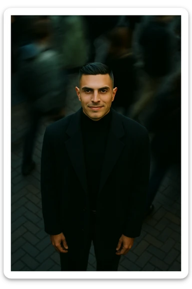 overhead shot of me standing still on a brick city sidewalk, wearing a dark oversized blazer,
motion-blurred crowd rushes past around me. Moody lighting, 35mm film look, shallow depth of field, sharp focus on me. sticker