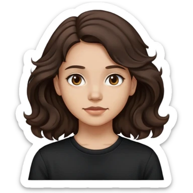 girl with dark wavy brown hair shoulder length and black crewneck t-shirt sticker
