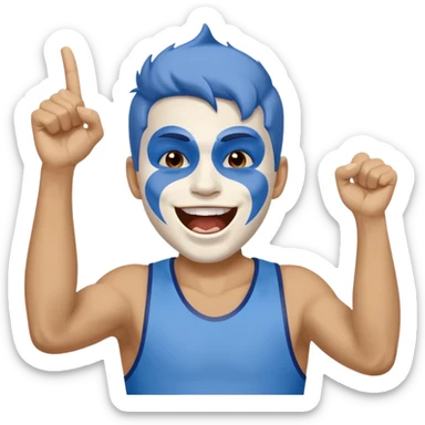 A man with half-blue, half-white face paint, shouting proudly while cheering sticker