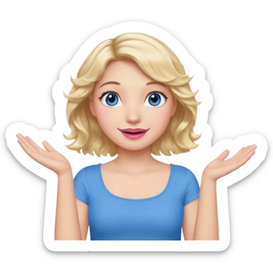 Girl Blonde short wavy hair,  blue eyes, cute blue top, long lashes, pink lips, smiling, shrugging hands raised sticker