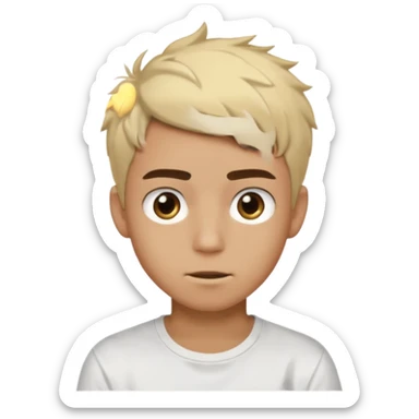 Short buzz, messy blonde hair. Dark brown bushy eyebrows large expressive golden-brown eyes, wearing a plain white t-shirt. Male Teenager. light Dark Brown skin color.  sticker
