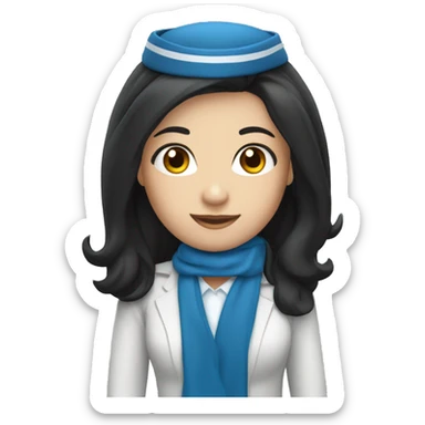 Flight attendant with long black hair, white skin and a blue uniform and a scarf sticker