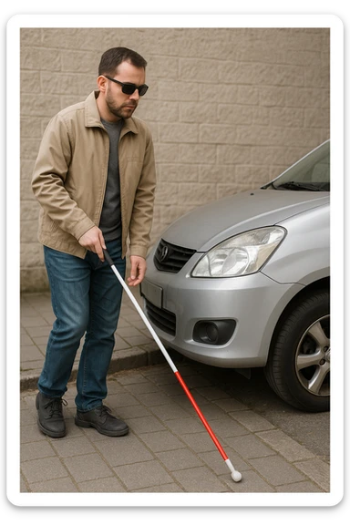 A blind person with a white cane walking cautiously on a pavement, a car is parked blocking the path, emphasizing the obstacle and the person's careful movement. sticker