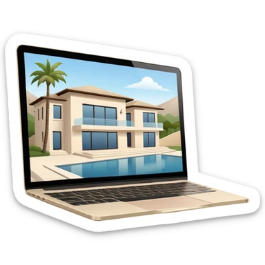 
light beige open macbook sideways with luxury villa on screensaver sticker
