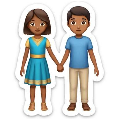 boy and girl holding hands, both Indian, boy with lighter brown skin, girl with medium brown skin, both around age 5-6 sticker