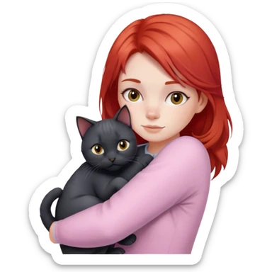 
a girl with red hair in pastel clothes hugs a black British cat sticker