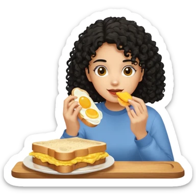 Girl with black curly hair eating egg sandwich sticker
