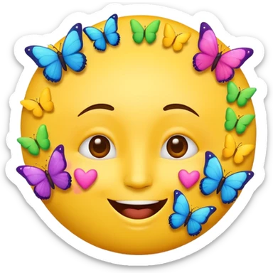 joyful emoji face surrounded by colorful hearts and butterflies sticker