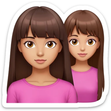 beautiful cute woman, tan skin, big brown eyes, straight long brown hair, bangs, model, pink top sticker