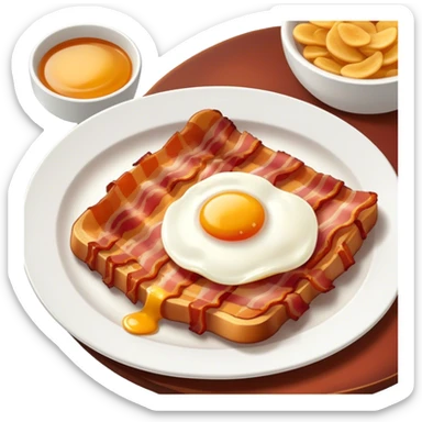 Cinematic crispy sizzling bacon, slightly curled, golden-brown with a perfect crunch, glistening with rich flavor, deep warm tones, served on a breakfast plate, comforting and indulgent. sticker