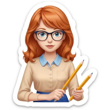 redheaded woman with long wavy hair and bangs, blue eyes, cat-eye glasses, pencil skirt, apricot blouse, holding a pencil sticker