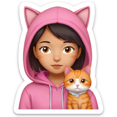 asian girl in pink hoodie with cute orange cat sticker