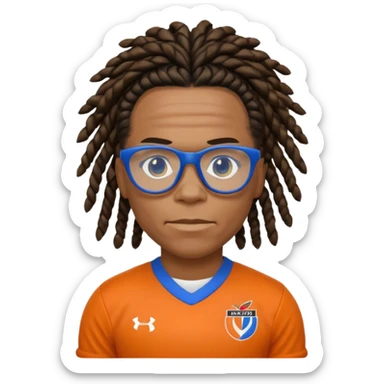 Edgar Davids as an apple style emoji, black tightly-braided dreadlocks pulled back, blue sports glasses, orange football jersey with black and white collar, serious facial expression, iconic football look sticker
