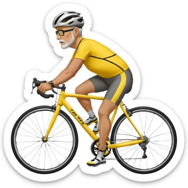 emoji of a 60-year-old man, about 200 lbs, no beard, no eyeglasses, in loose cycling clothes, yellow and black top, straddling a grey road bike, graphic design, adding a background of a road in a neighborhood or highway sticker