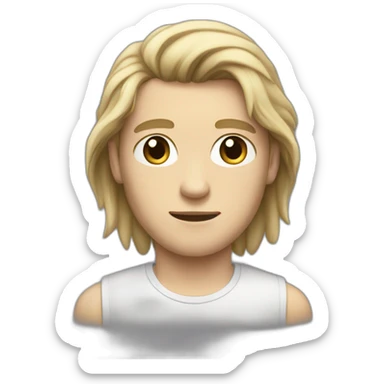 realistic white teenager with a long classic hairstyle, he has black hair, he has black eyes, he also has a beige T-shirt, he is tall, he has an elongated neck and head sticker