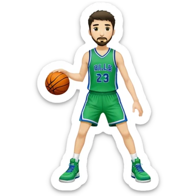 Full Body white male basketball player with short dark shaggy hair and goatee wearing green and blue uniform sticker