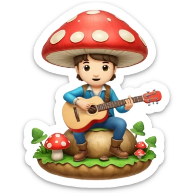 mushroom bard character playing tiny guitar on giant mushroom sticker