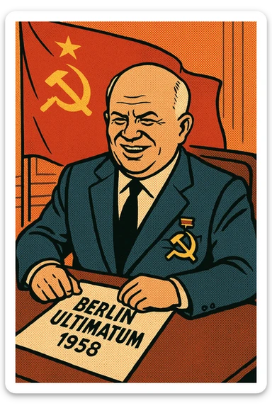 Soviet leader Khrushchev wearing a suit with a large communist party badge on his chest sitting in an office with a piece of paper in front of him with the words 'Berlin Ultimatum 1958' written on it. In the background is a communist flag sticker
