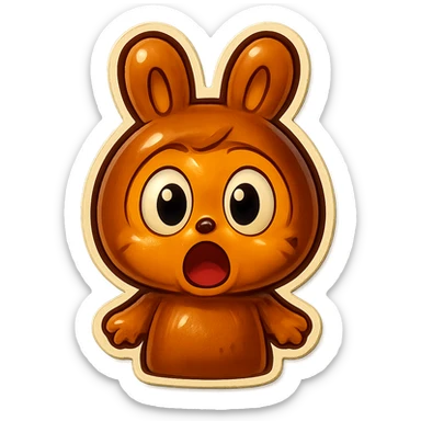 Change the brown bunny character's face to a surprised expression with wide eyes and open mouth, maintaining the retro stickers style. Transparent background. sticker