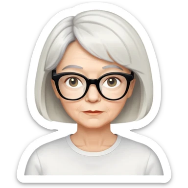 white older woman about 60 with light warm skin, short black bob haircut with slight waves at ends, neutral expression, large black shiny butterfly or cat-eye glasses, white casual t-shirt, calm and creative energy sticker