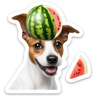 a jack russel with a watermelon on his head making a helmet of himself sticker