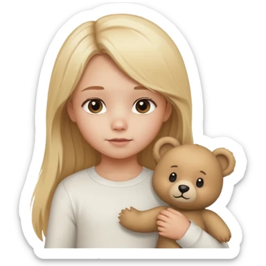 Blonde little girl, long hair, white long sleeve, with beige bear sticker